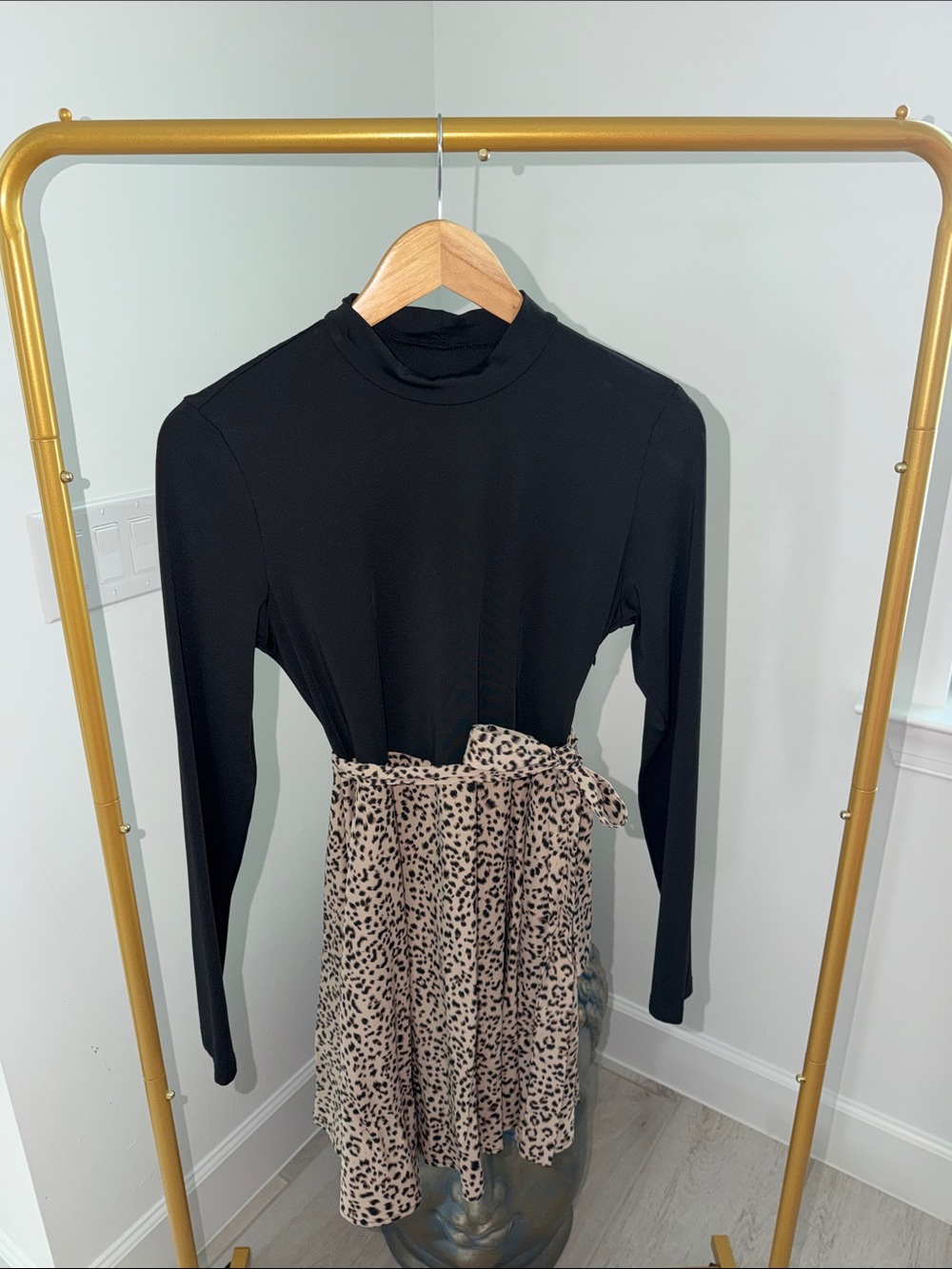 Black Mock-Neck Long Sleeve Dress with Leopard-Print Skirt